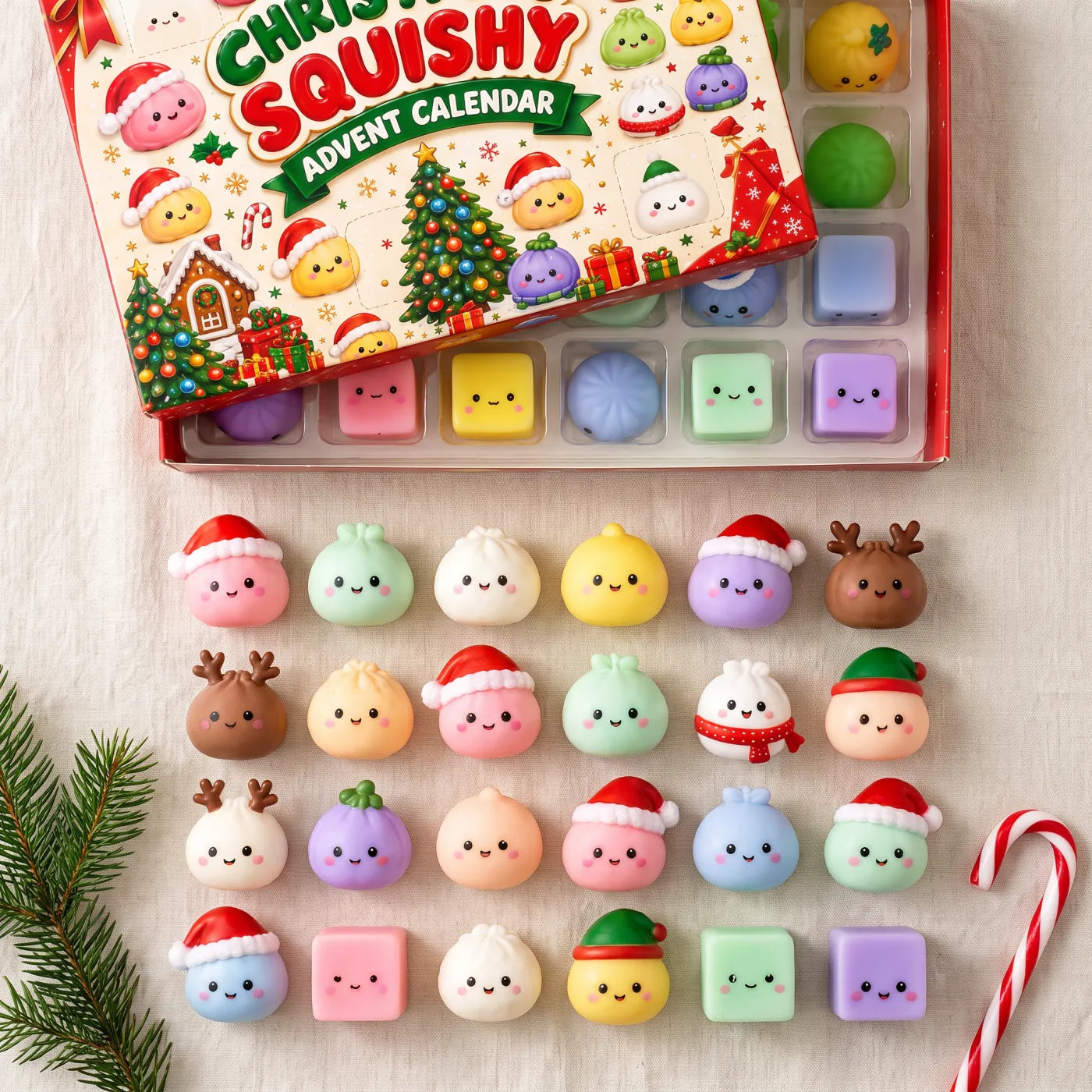 24 mini squishy toys laid out