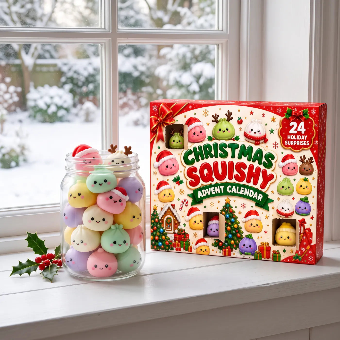 Jar of mini squishies on a windowsill