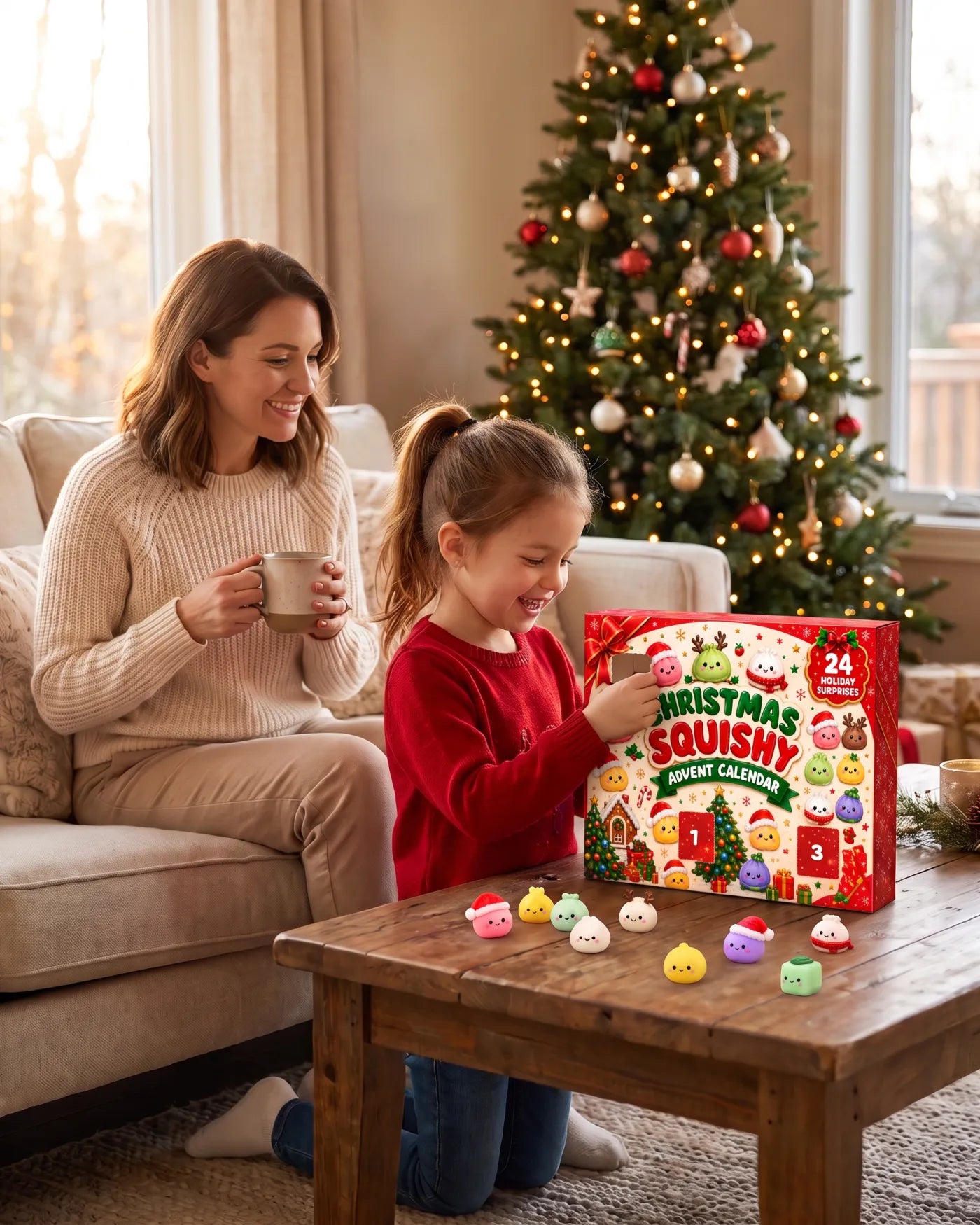 Mom with coffee while her daughter opens the calendar