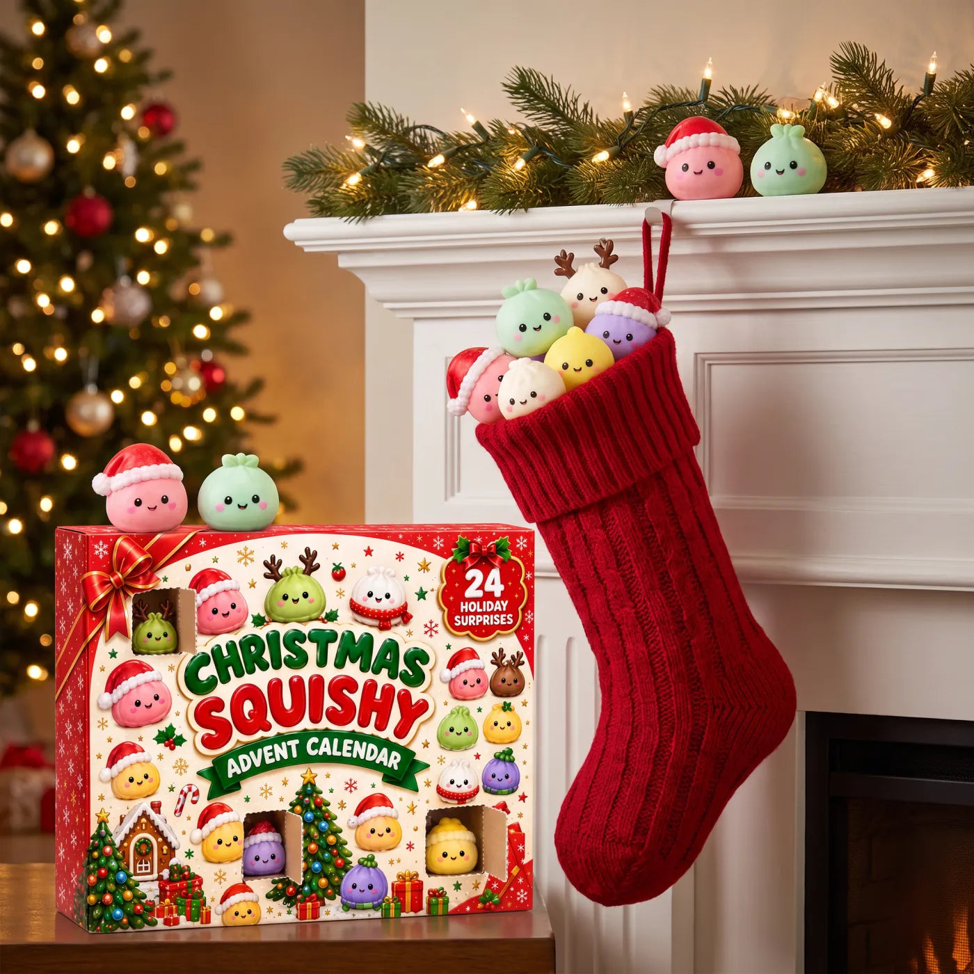 Mini squishies spilling out of a Christmas stocking