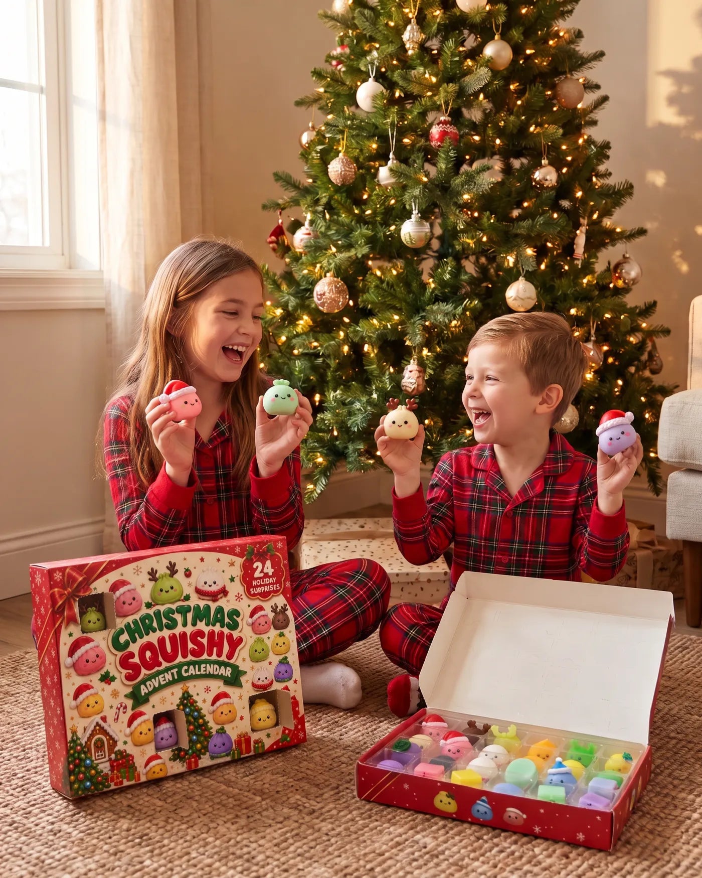 Two kids holding mini squishies by the tree