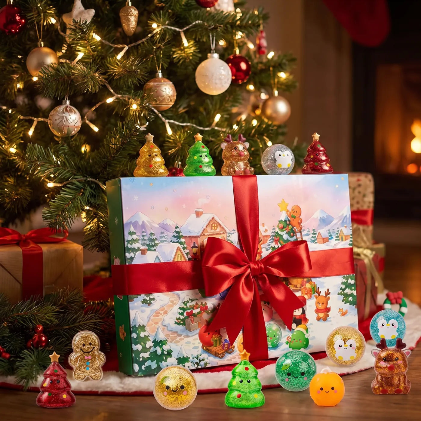 Advent calendar styled as a Christmas gift with ribbon
