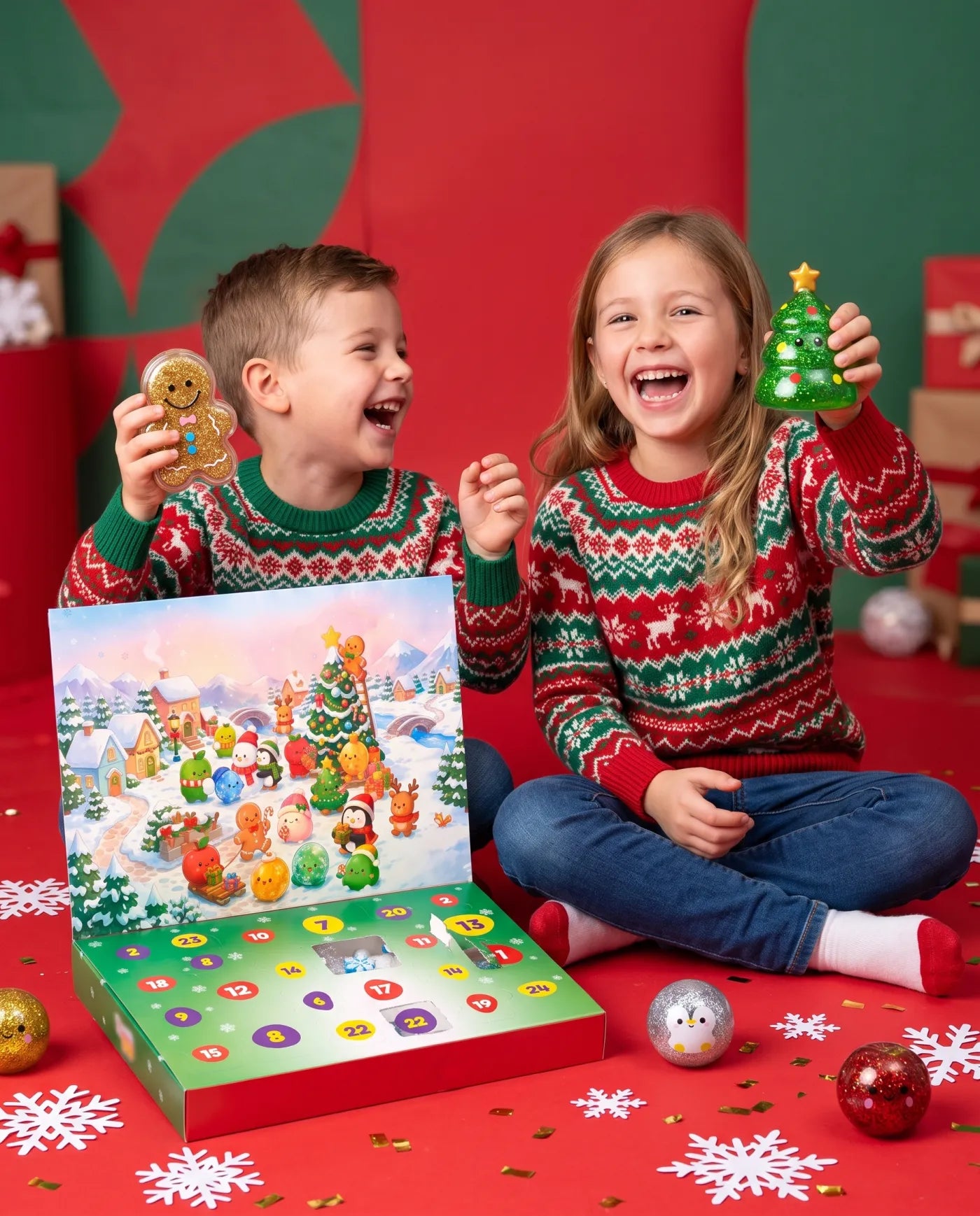 Children holding glitter squishy toys