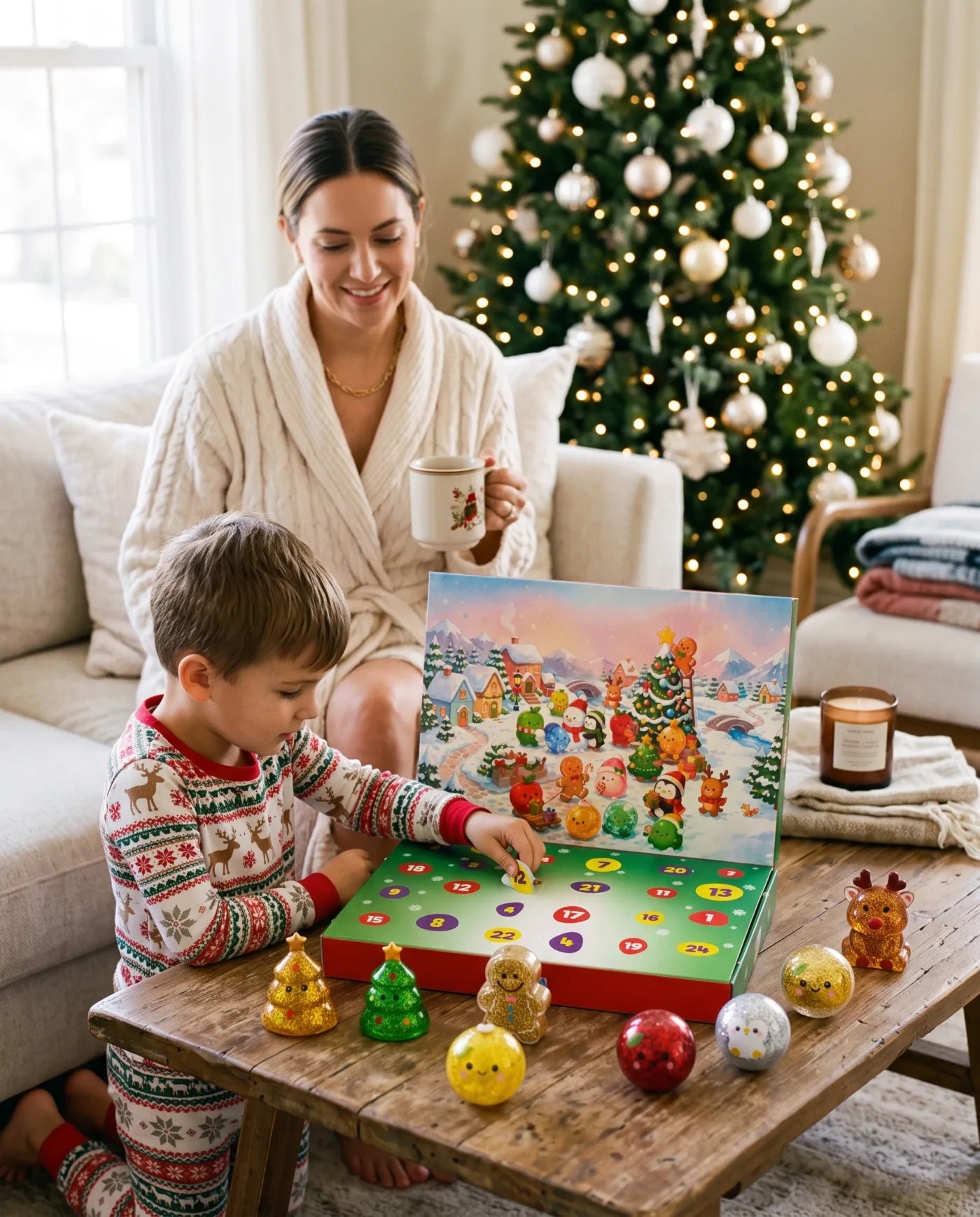 Family enjoying the advent calendar at home